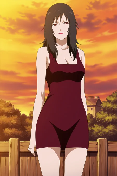 anime screencap, anime coloring, detailed face, masterpiece, best quality, very aesthetic, absurdres, volumetric lighting, official style, amazing quality, ultra detailed,  highres, amazing quality, scenery, beautiful detailed hair, beautiful detailed eyes, defined fingers,
nsfw, uncensored,
<lora:Kurenai_Yuhi_Naruto:.8>
Kurenai Yuhi (character), 1girl, solo, fence, red dress, breasts, long hair, cleavage, black hair, lipstick, red dress, makeup, sunset, standing, medium breasts, wooden fence, looking at the viewer, naughty smile