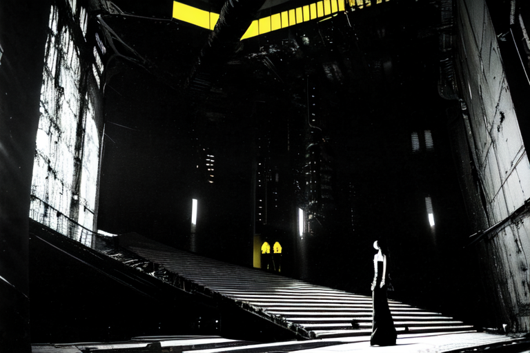 highly insanely detailed, masterpiece, top quality, best quality, highres, 4k, 8k, RAW photo, (very aesthetic, beautiful and aesthetic),  
tsutomu nihei,nihei_tsutomu,blame!,blame gakuen!,abara,TNstyle,sidonia_no_kishi,(lab,stairs,hangar,city ruins,sidonia \(ship\),space,spacecraft,tunnel,giant room,deep horizon),tentacles,wire,walkway,dark sky,black sky,cables,tubes,industrial pipes, 
<lora:ABARA:0.8>, 
(1girl:1.3), 
solo focus, 
(pure yellow background,transparent background:1.2),âââ