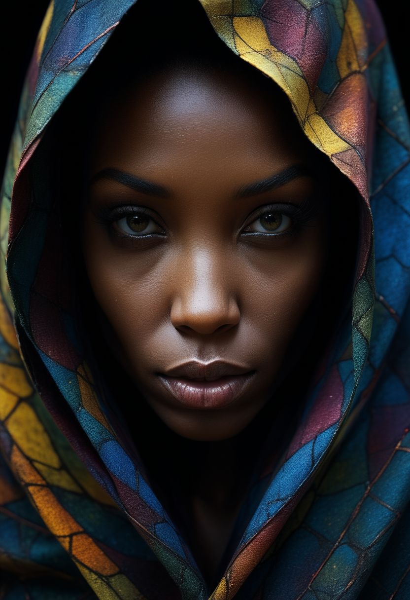 Close-up face, mysterious silhouette of an exotic coloured woman in worn down cape, goddess, alluring, by Minjae Lee, Carne Griffiths, Emily Kell, Steve McCurry, Geoffroy Thoorens, Aaron Horkey, Jordan Grimmer, Greg Rutkowski, amazing depth, double exposure, surreal, geometric patterns, intricately detailed, bokeh,  perfect balanced, deep fine borders, artistic photorealism , smooth,  great masterwork by Suiras  <lora:add-detail-xl:2>  <lora:Double_Exposure:0.5>