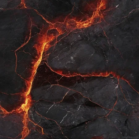 Pure darkness, imagine stepping onto an enchanting scene of a shattered, yet beautifully restored expanse, a cracked black marble wall where each fissure has been meticulously filled with glistening red magma and yellow flames. The delicate dance between darkness and light creates a captivating contrast that draws you in, inviting exploration into this mesmerizing world.As your gaze follows the intricate pattern of bright gleaming fiery veins, you can't help but be transported to a realm where magic intertwines with reality. This extraordinary fusion of textures and colors tells a story of resilience and transformation, transforming what was once broken into something truly remarkable, high contrast