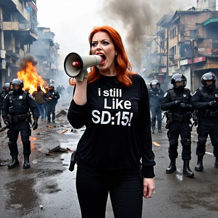 A powerful, thought-provoking image of a woman with fiery red hair, dressed in a black outfit, shouting through a megaphone. The shirt she wears boldly displays the word 'Truth' in white capital letters. The chaotic urban backdrop consists of burning buildings, a smoky sky, and debris-strewn streets. Police officers in riot gear stand in the background, adding a sense of tension to the scene. The text 'I still like SD1.5!!!' is prominently displayed in a bold, explosive font, emphasizing the woman's passionate message.