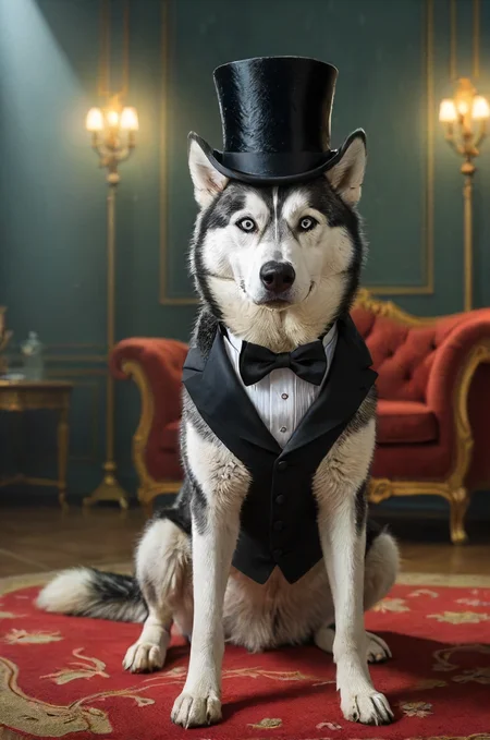 a dapper husky attending a gala in an opera , top hat, on all fours, dim lights,  novuschroma23 style, detailed, perfect composition, <lora:- SDXL - vanta-black_contrast_V3.0:0.6>, <lora:CBS_novuschroma23 style:0.7>