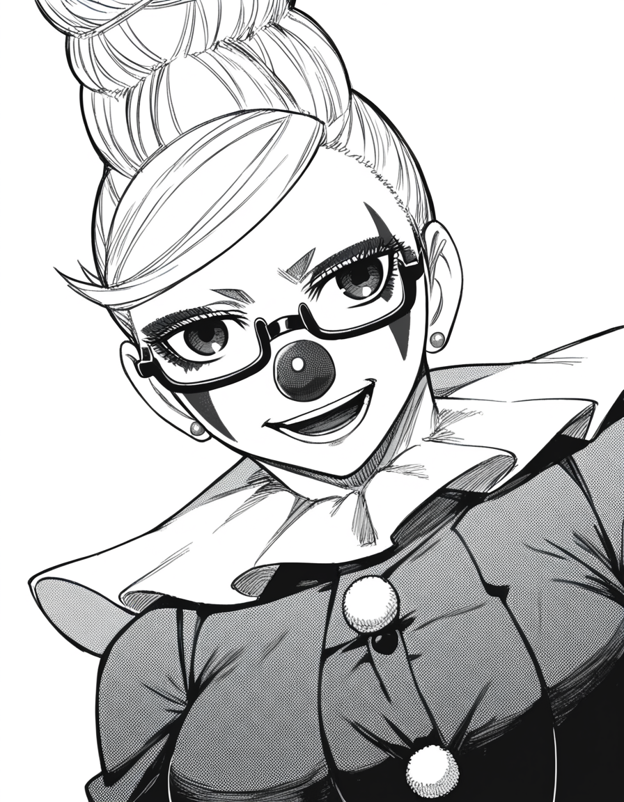 score_9, score_8_up, score_7_up, source_anime, <lora:seiko-ayase-manga-ponyxl-lora-nochekaiser:1>, seiko ayase, long hair, large breasts, monochrome, greyscale, earrings, glasses, hair bun, semi-rimless eyewear, under-rim eyewear,, <lora:clown-ponyxl-lora-nochekaiser:1>, clown, makeup, clown nose, facepaint, gloves, long sleeves, frills, dress,, smile, open mouth, smug, , dutch angle, cowboy shot