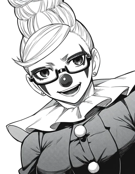 score_9, score_8_up, score_7_up, source_anime, <lora:seiko-ayase-manga-ponyxl-lora-nochekaiser:1>, seiko ayase, long hair, large breasts, monochrome, greyscale, earrings, glasses, hair bun, semi-rimless eyewear, under-rim eyewear,, <lora:clown-ponyxl-lora-nochekaiser:1>, clown, makeup, clown nose, facepaint, gloves, long sleeves, frills, dress,, smile, open mouth, smug, , dutch angle, cowboy shot