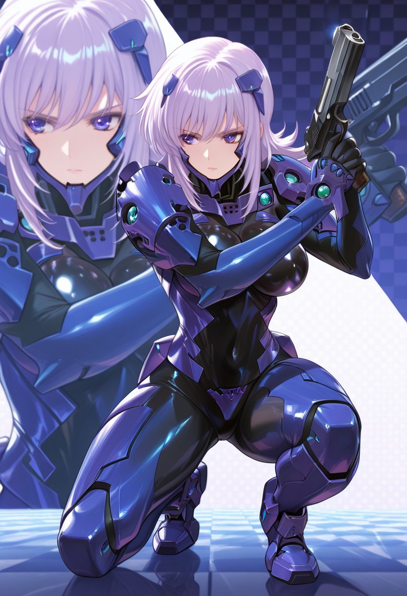 1girl, solo,4s0r4,Cryska, violet eyes, Fortified Suit, Bodysuit, Asymmetric Armor, BREAK ,  masterpiece, best quality,uncensored, amazing quality,very aesthetic,ultra-detailed, absurdres, newest,scenery,depth of field,volumetric lighting, BREAK, full body, checkered background, zoom layer, on one knee, looking to the side,holding weapon, desert eagle pistol