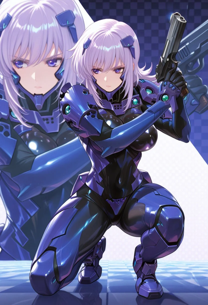 1girl, solo,4s0r4,Cryska, violet eyes, Fortified Suit, Bodysuit, Asymmetric Armor, BREAK , masterpiece, best quality,uncensored, amazing quality,very aesthetic,ultra-detailed, absurdres, newest,scenery,depth of field,volumetric lighting, BREAK, full body, checkered background, zoom layer, on one knee, looking to the side,holding weapon, desert eagle pistol