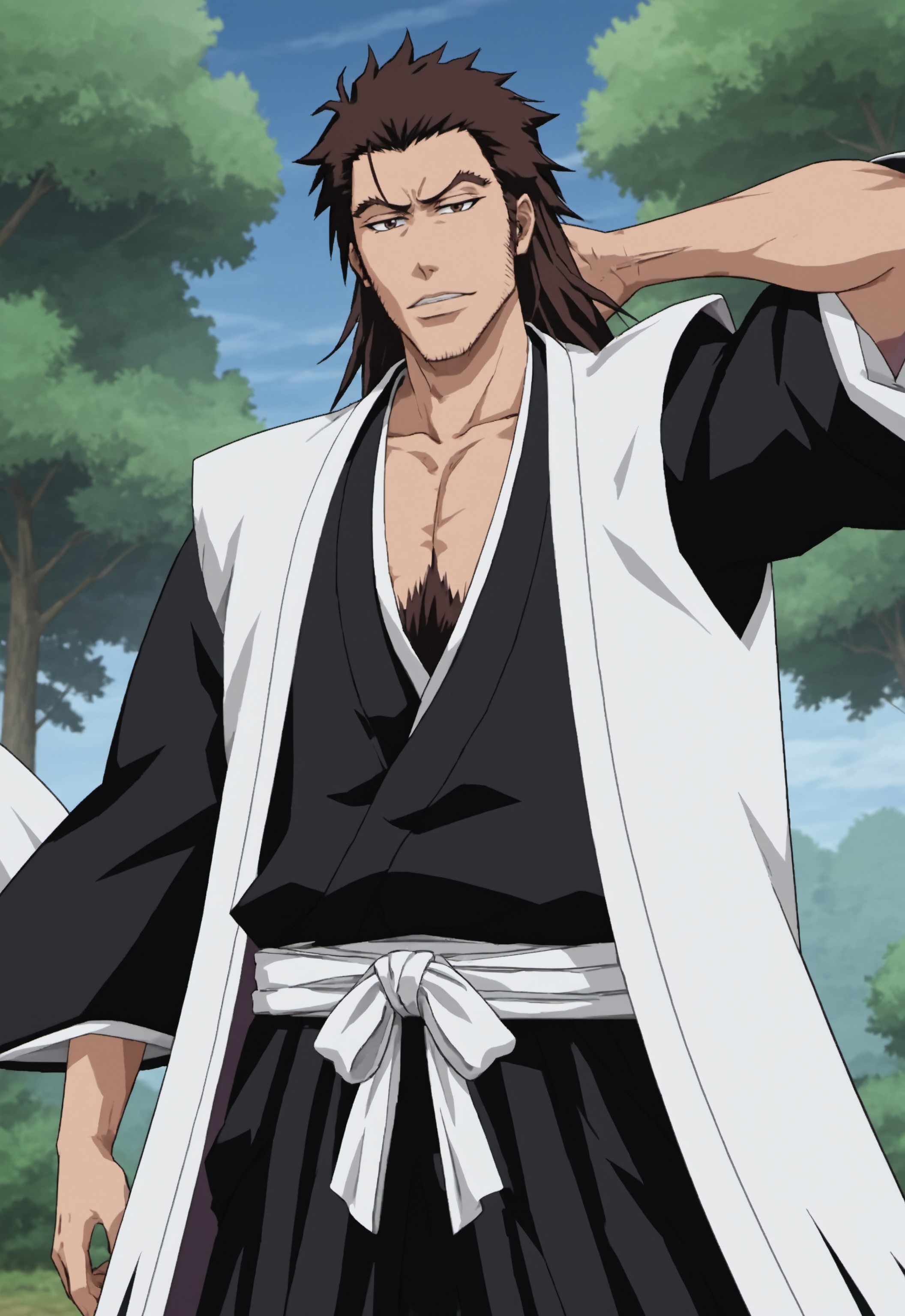 safe_pos, safe_pos, safe_pos, score_9, score_8_up, rating_nsfw, ultra hd, absurdres, best quality, best aesthetic, masculine, solo, 1boy, male focus, perfect proportions, handsome, erotic, alluring, mature male, coloured

BleachKuruyashiki, japanese clothes, long hair, brown hair, body hair, forest background, anime screencap, half body, Expressiveh, anime art style, arm raised behind head, low angle, bleach art style