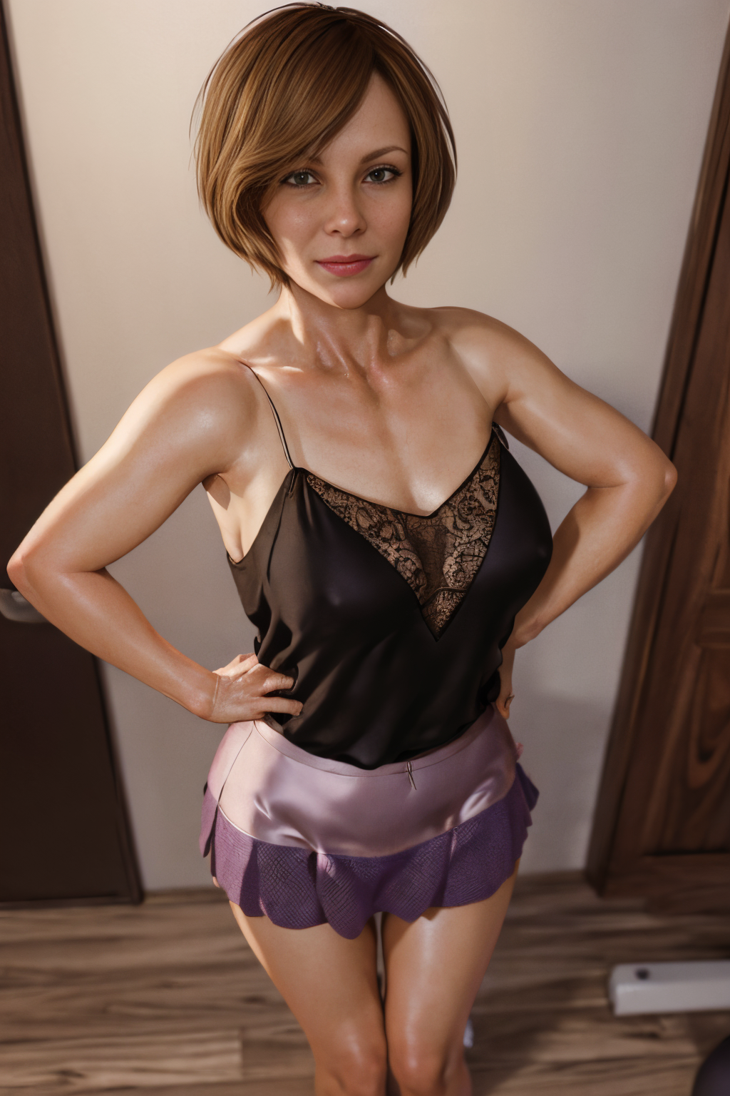 on Exercise room (view from front) full body shot (40 years old woman wearing Camisole with a skirt:1.3) (detailed realistic face), (hyperdetailed), zoomed out, symmetrical face, detailed pupil, expressive eyes, Casey Baugh, Michael Garmash, Sophie Anderson, hasui kawase, makeup, real photography, modern look (Realisitc:1.5)  <lora:Alexandra_v1.0:0.8>