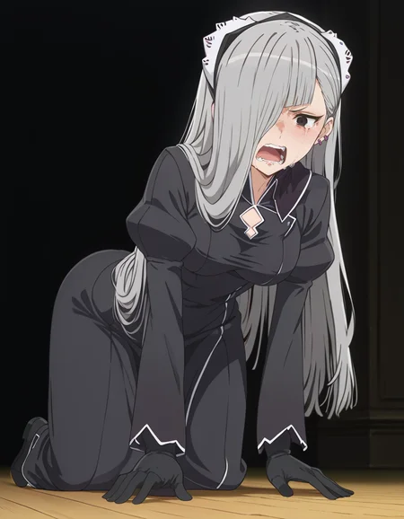 score_9, score_8_up, score_7_up, source_anime, high res image, masterpiece, best quality, BREAK
1girl, solo, from below, indoors, dark, night, teeth, floor,
<lora:horn-danmachi_s5-anime-soralz:1>, horn (danmachi s5), long hair, grey hair, maid headdress, hair over one eye, black eyes, earrings,
high colllar, black dress, long dress, clothing cutout, juliet sleeves, long sleeves, black gloves, angry,
all fours, straddling, tears, crying, open mouth, wavy mouth,
<lora:DarkerThanDarkV0.8:0.5>, black background