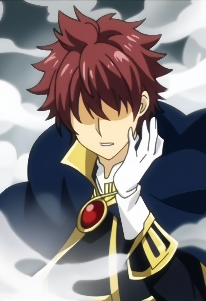 male focus, score_9, score_8_up, score_7_up, source_anime, rating_safe, anime screencap, 1boy, shunib, original style, dark red hair, prince of smoke, cape, white gloves, black upper,