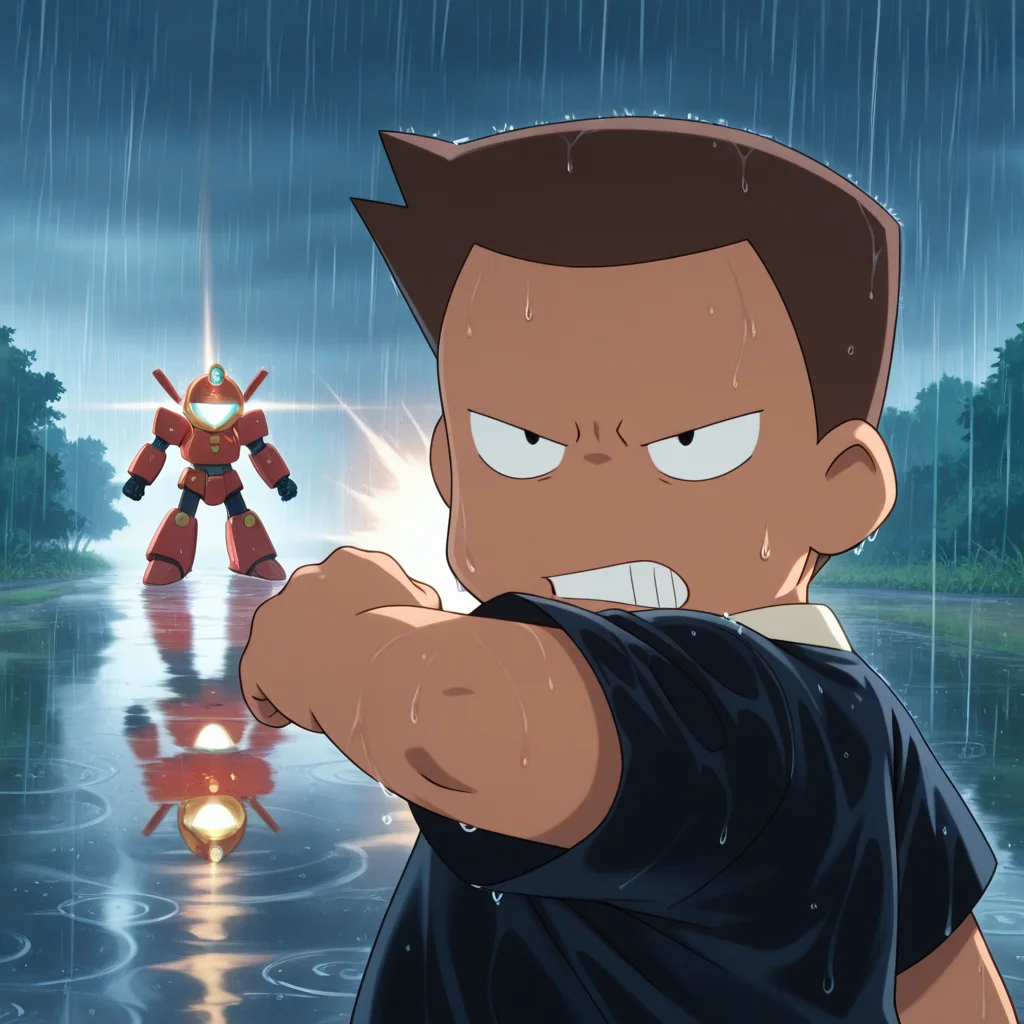 radiant reflections, rich color tones, deep contrast, intricate textures, luminous lighting, cinematic ambiance, shimmering gradients, best quality, colorful, masterpiece, detailed_background, outdoors, BREAK <lora:ginkai-v1-10:1> (m-ginkai), 1boy, young, chubby, male focus, black t-shirt, 2boys, medarot, robot, incoming attack, outstretched arm, multiple view, annoyed, sweatdrop, rain, wet, wet clothes