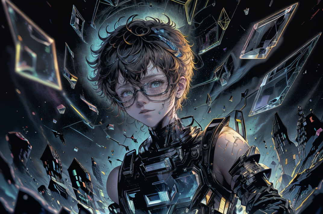 (masterpiece:1) (best-quality:1) high-contrast strong-shadows outlines <lora:graphicNovelStyle_v10:0.2> <lora:realistic:0.3> <lora:sharpen-soften:-0.3> <lora:GoodHands-beta2:0.8> <lora:dg_Finn_v1:1> dg_Finn BREAK Style-GravityMagic solo half-shot looking-away detailed-background detailed-face ( <lora:GlassTech-20:0.8> glasstech glass-theme:1.1)-star-walker star-sign dynamic-pose calm aries esoteric-symbolism interstellar-energy cosmic-light symmetry stardust cosmic-space-background surreal-ethereal-atmosphere