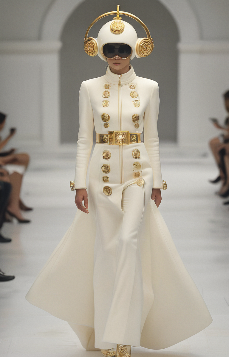 masterpiece,best quality,<lora:tbh321-sdxl:0.9>,illustration,style of Andre Courreges Elegant Versace gown with signature Medusa motif, gold accents, fashion runway, high-end couture