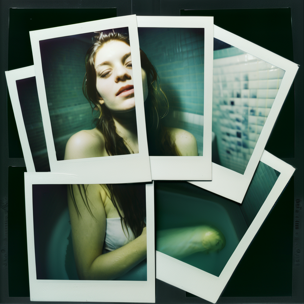 poluzzle girl with long hair in a bath, polaroid photos, cinematic, dark atmosphere <lora:poluzzle:1>