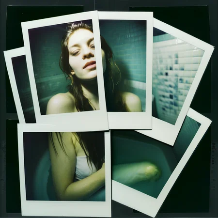 poluzzle girl with long hair in a bath, polaroid photos, cinematic, dark atmosphere <lora:poluzzle:1>