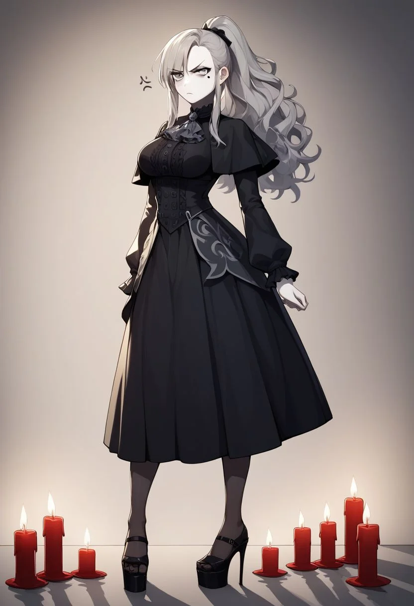 1girl, pale skin, grey eyes, grey hair, long hair, curly hair, ponytail, mole under eye, makeup, black dress, platform high heels shoes, open side dress, ascot, capelet, standing, annoyed, gothic, candlelight, <lora:Kriemhild:1> big breasts, score_9, score_8_up, score_7_up, score_6_up, score_5_up, score_4_up, BREAK source_anime, masterpiece