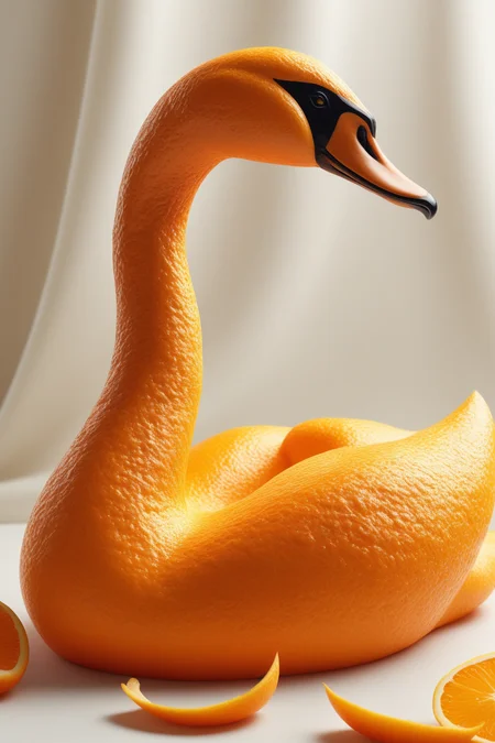 high quality,masterpiece,ultra-high resolution,incredible composition,extremely detailed, <lora:Orange_Peel:0.7>, A serene swan sculpted from orange peel, its graceful neck arched with smooth citrus texture. Feathers shimmer with peelâs glossy bumps. High-definition close-up, highlighting delicate details. Background: soft white cloth, gentle light, orange blossoms, and petals for a refined food photography scene.