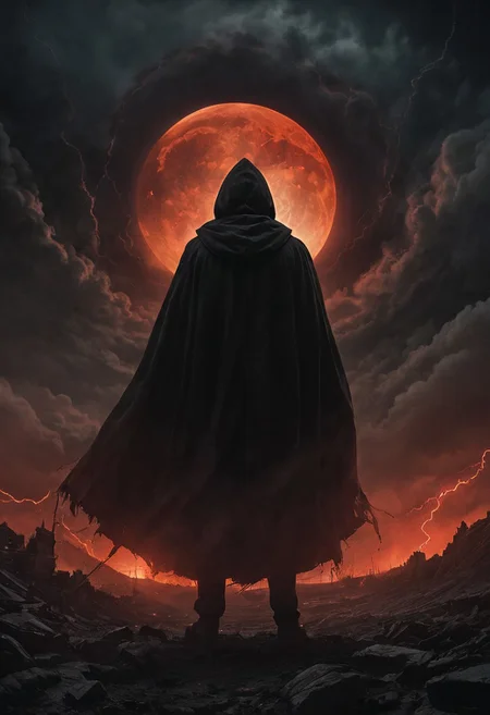 cinematic shot, digital painting, (masterpiece, best quality:1.5), apocalyptic, the sky opens into a black hole, with red lightning streaking through,
a shadowy figure stands in a black hooded cloak, shadow hands reach for him, silhouette, dramatic lighting, film grain, ominous, visually captivating, a red moon, contrasting shadows, extremely detailed, hkstyle