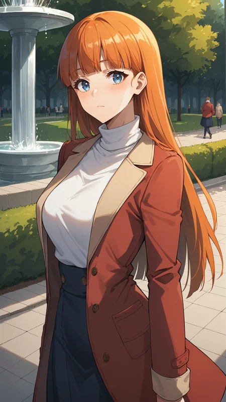 score_9,score_8_up,score_7_up,score_6_up, source_anime, zPDXL3, <lora:xl_more_art-full_v1:0.5>, girl, dynamic pose, thoughtful pose, <lora:Joo-Hee Lee - Pony-000004:0.8>, long hair, orange hair, blunt bangs, blue eyes, long coat, red coat, white turtleneck, public park, trees, fountain, modern city
