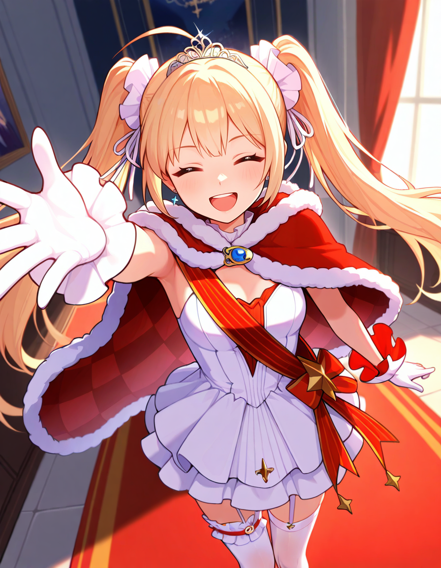 <lora:AzlaAmazon_SDXL_Illustrious_fp16_ver02:1>,AzlaAmazonANV, 1girl,twintails,white thighhighs, blue eyes, blonde hair,garter straps, fur-trimmed cape,white dress, ahoge,shoulder sash,white hair bow,tiara,detached sleevess,milestone celebration, smile,newest,closed eyes, open mouth, red carpet,room, masterpiece, best quality, very aesthetic, absurdres,<lora:detailed_hands:1>,hand