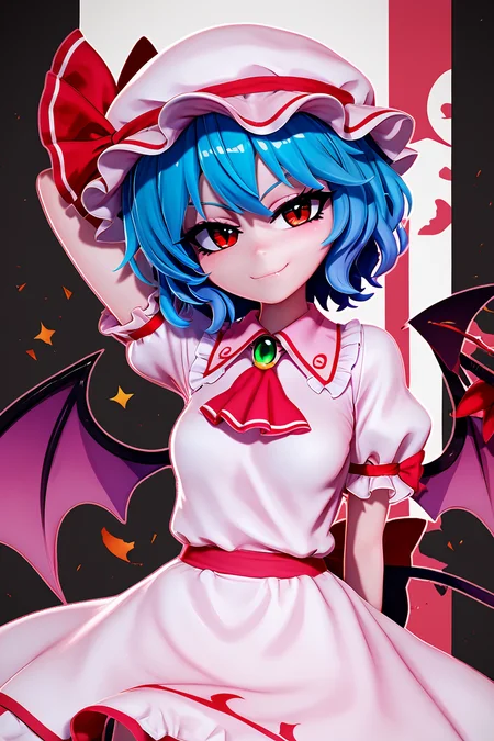 score_9, score_8_up, score_8, medium breasts, (curvy), cute, eyelashes, BREAK, , zzRemilia, red eyes, blue hair, short hair, hat, ribbon, pink dress, wings, ascot, hat ribbon, bat wings, short sleeves, frills, puffy sleeves, smile, smug, <lora:Remilia_Touhou_PDXL:0.8>, BREAK, smile, closed mouth, hands behind back, head tilt, looking at viewer, cowboy shot, ,,, embedding:zPDXL, Expressiveh, ,,, <lora:Zy0n7_PDXL:0.8>, <lora:SDXLFaeTastic2400:0.5>, <lora:Expressive_H-000001:0.4>,
