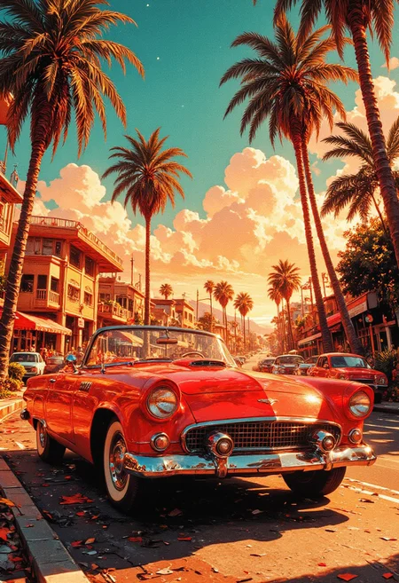 Bright vintage 60's convertible on a sun-drenched road surrounded by palm trees. Sunlight reflects on the polished body, emphasized contours, stylized sky with picturesque clouds. Warm color scheme with golden and deep orange shades. Illustrative style with comic book elements, smooth lines and expressive details. A retro resort atmosphere inspired by vintage advertising and art deco