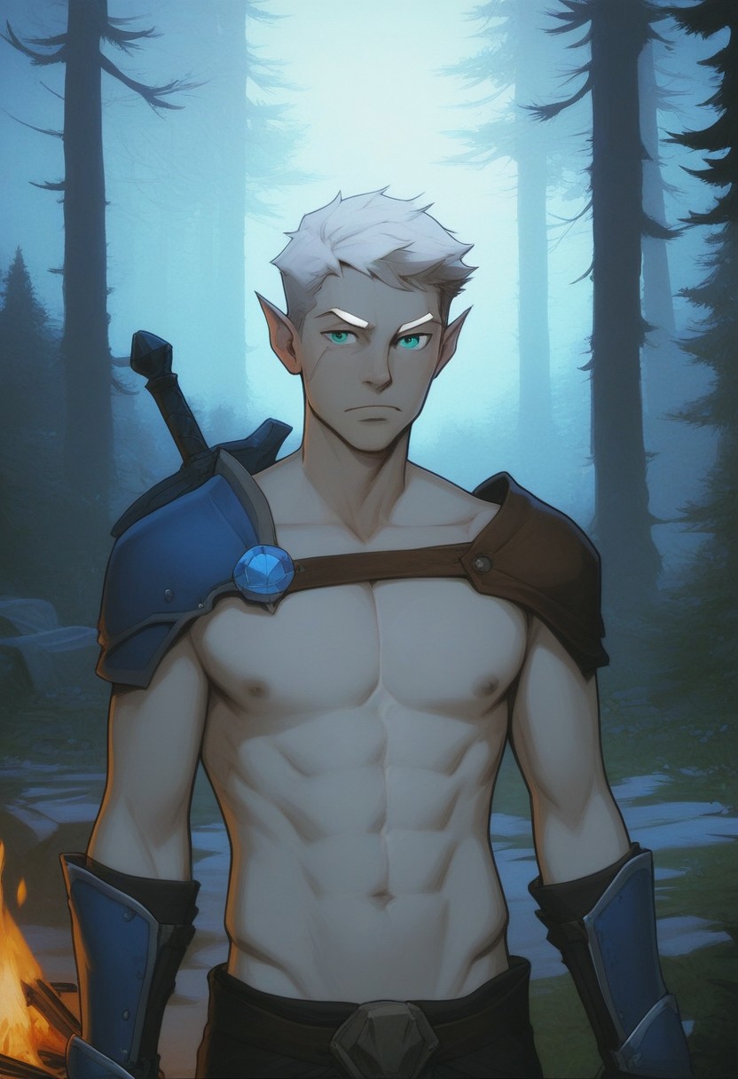 score_9, score_8_up, score_8, score_7_up, male, standing, 25 years old, mischievous, handsome, flirty, dominant, narrow mouth, (half_elf:0.5), dark elf, (((grey skin))), (((short white hair))), short cut sides, ((white eyebrows)), grey ears, pointed_ears:0.5, (pointed human ears), split eyebrow, eyebrow scar on left side of face, ((detailed turquoise eyes)), 1boy, solo, sexy, athletic, abs:0.5, (shirtless, chest strap), shoulder armor, gauntlets, (sword-over-shoulder, weapon over shoulder, crossguard hilt), vox machina style, solo, at night, warlock, fantasy, forest background, (dynamic lighting:1.1), campfire
((masterpiece)),