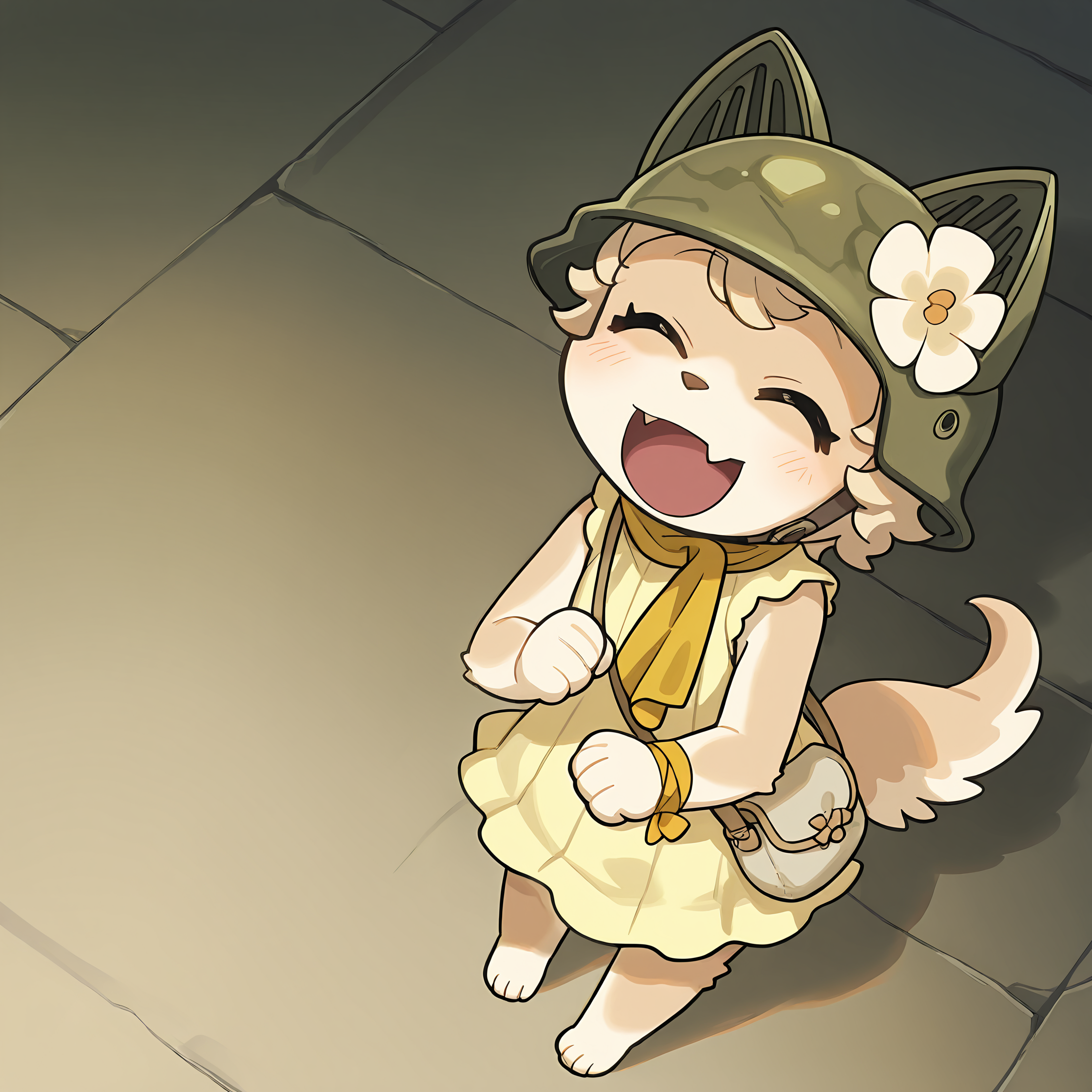 BREAK, <lora:Chick_Montblanc_Illustrious_V1:1>, Chick Montblanc, Fuga: Melodies of Steel, kemono, furry female, 1girl, dog girl, beige fur, white fur, multicolored fur, closed eyes, blonde hair, short hair, animal ears, dog ears, dog tail,
BREAK, Fuga 1 Outfit, barefoot, yellow dress, sleeveless, handbag, yellow neckerchief, wrist ribbon, helmet, flower on helmet,
BREAK, solo, high angle view, scream, happy, excited,