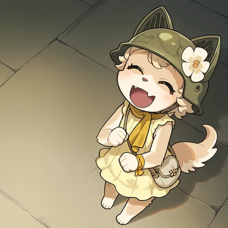 BREAK, <lora:Chick_Montblanc_Illustrious_V1:1>, Chick Montblanc, Fuga: Melodies of Steel, kemono, furry female, 1girl, dog girl, beige fur, white fur, multicolored fur, closed eyes, blonde hair, short hair, animal ears, dog ears, dog tail,
BREAK, Fuga 1 Outfit, barefoot, yellow dress, sleeveless, handbag, yellow neckerchief, wrist ribbon, helmet, flower on helmet,
BREAK, solo, high angle view, scream, happy, excited,
