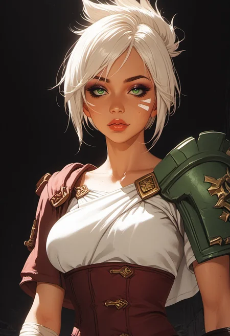 score_9, score_8_up, score_8, perfecteyes, ultra detailed, high resolution, high quality, masterpiece, intricate details, intricate body, intricate landscape, knva, Expressiveh, Asian Instagram Model, upper body shot, low light, dungeon, ruins, green glow, black background, ((zPDXL3)),
BREAK
1girl, (rvn), source_cartoon, mature female, beautiful, 30 years old, beautiful, rvn, short hair, ponytail, facial mark, eyeshadow, top, criss-cross halter, single pauldron, shoulder armor, single glove, bandaged arm, corset, belt, skirt, single greave, boots, standing, looking at viewer, mascara, pale skin, full lips,  looking at viewer, ((tanned skin)),