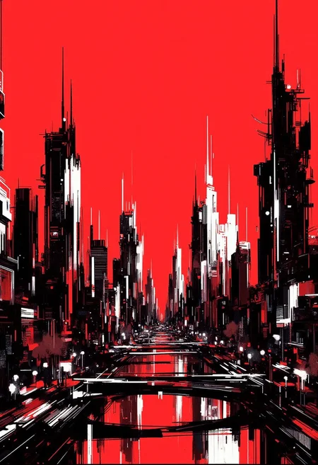 Special Ink-drawing mode, Mh1$AgThS2, intricate linework with expressive contrasts, inksketch in red and black of an advanced sci-fi cityscape, with gleaming towers and skyscrapers rising into a red sky