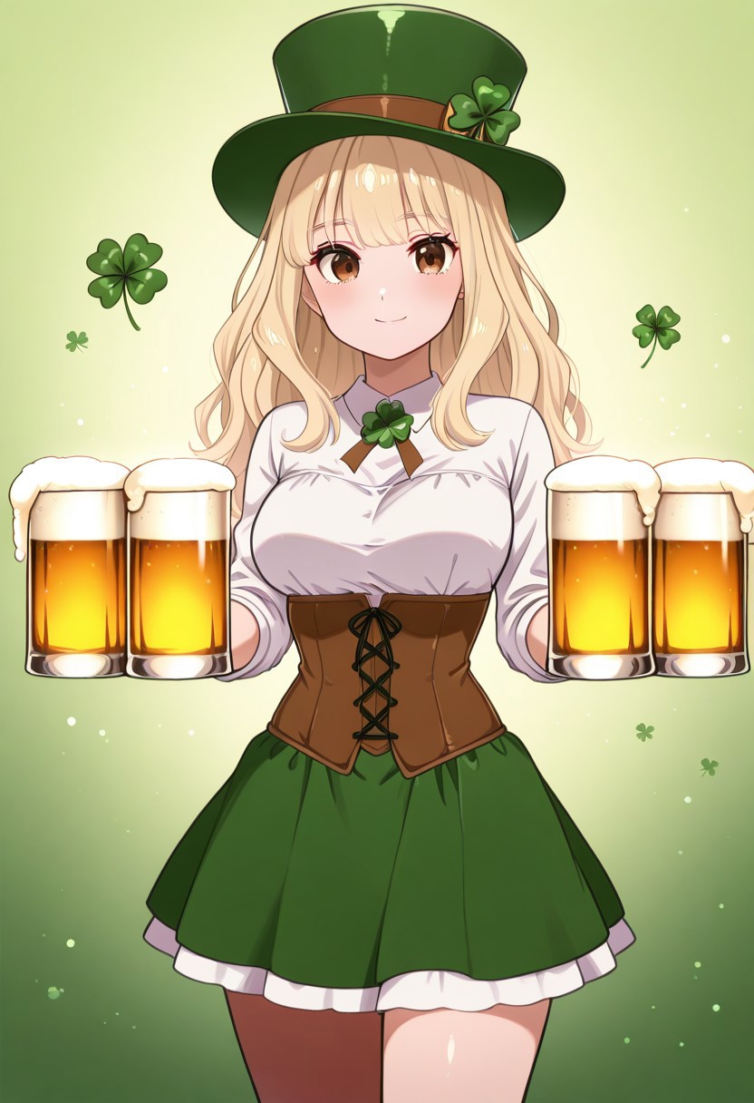 masterpiece, best quality, looking at viewer, smile,  1girl, solo(beautiful eyes), C0utur3Cr4z3,  green hat, corset, green skirt, long sleeves, collared dress, solo, smile, looking at viewer, cowboy shot,  ShamrockWorld, clover, four-leaf clover, beer mug, KijHyou,brown eyes, blonde hair, long hair,  wavy hair,