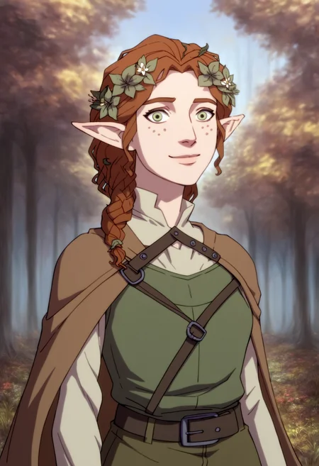 score_9, score_8_up, score_7_up, BREAK,
1girl, medieval fantasy, portrait, solo, tgreen eyes, freckles, female druid, leaf laurel wreath, hair flower, elf, simple tunic, brown robe, wood, dirty clothes, skirt, cape, pants, leather belt, buckle,
gentle smile, forest, flowers, trees, outdoors, nature, outdoors, nature, looking at viewer <lora:FantasyWesternAnimation_YoungJusticeDCAMU_v2:1>