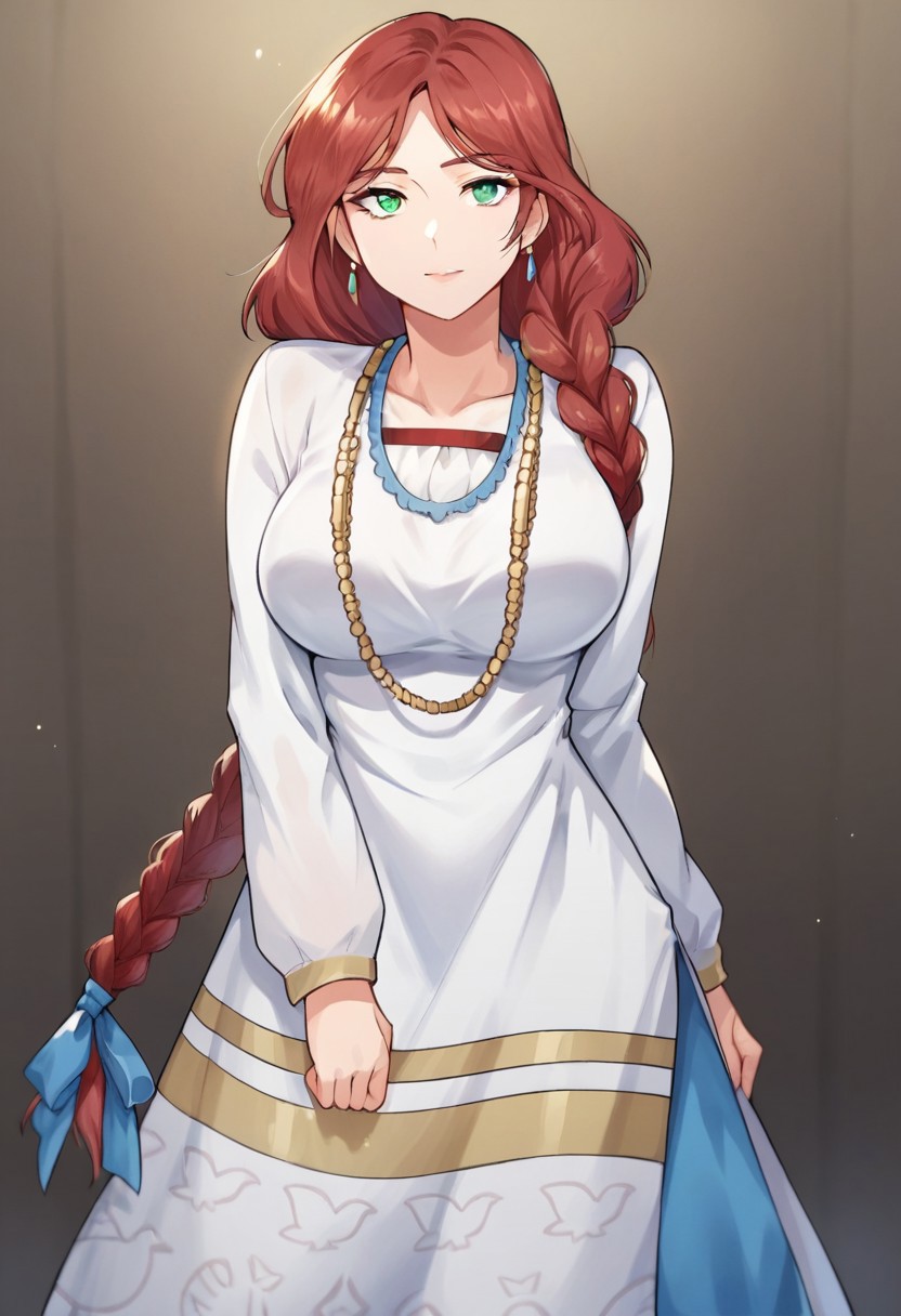 score_9, score_8, score_7, cckarin, 1girl, solo, long sleeves, necklace, dress, white dress, jewelry, looking at viewer, large breasts, single braid