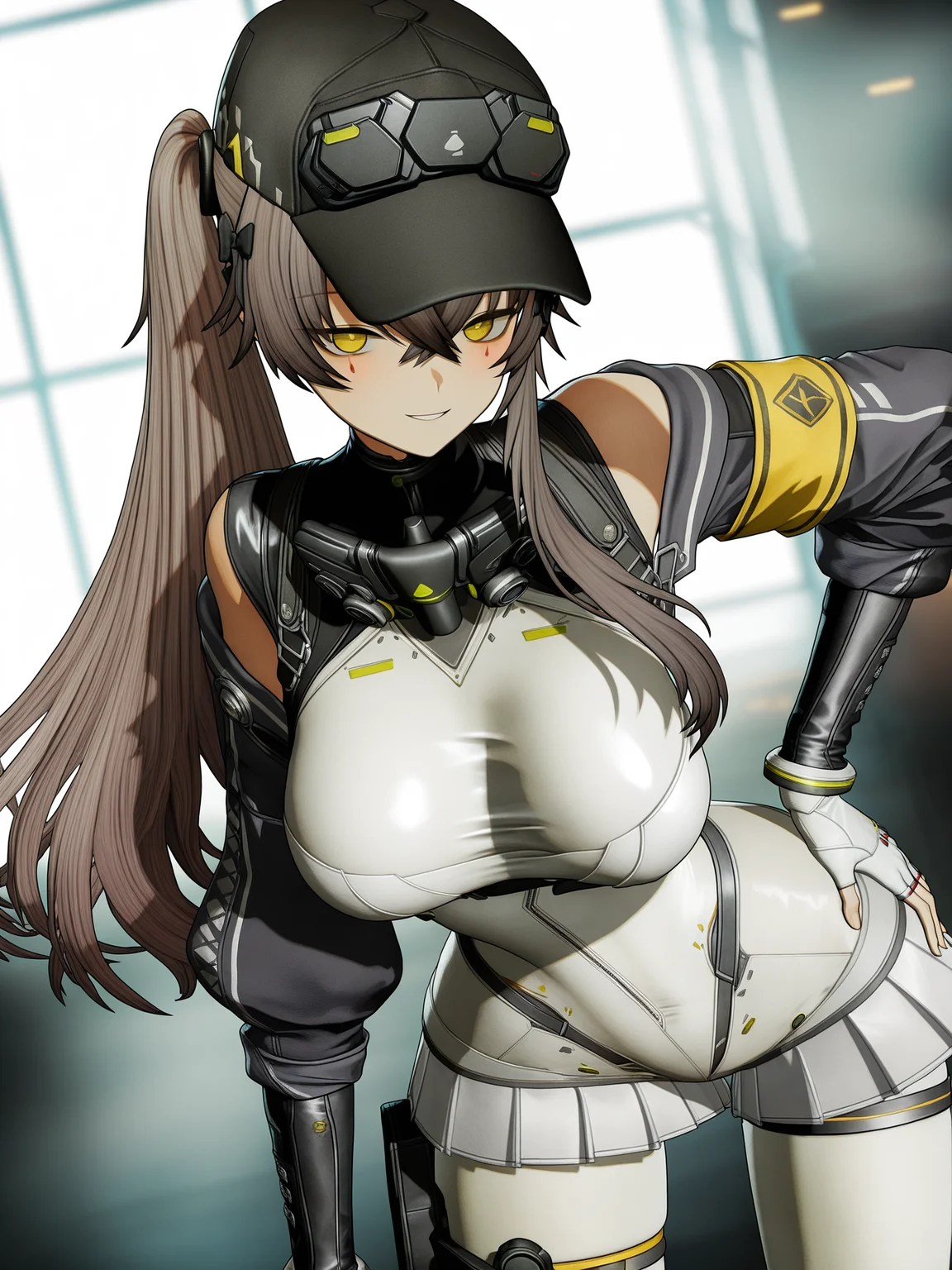 source_anime,masterpiece,best quality,uncensored,detailed shadows,complex background CG,HD wallpaper,extremely detailed,high definition,amazing quality,very aesthetic,absurdres,highres BREAK
intricate details,anime coloring,detailed eyes,anime screencap,anime coloring,anime studio,
1girl,ump45 \(girls' frontline\),hair between eyes,yellow eyes,scar across eye,long hair,brown hair,grey hair,scar on face,one side up,<lora:shiklukaiV2ill:1>,shiklukaifreeskin,official alternate costume,large breasts,wide hips,covered cleavage,white skirt,long sleeves,white gloves,white thighhighs,white bodysuit,facial mark,multicolored bodysuit,looking at viewer,seductive smile,covered pantyhose,white pantyhose,cowboy shot,black headwear,hand on own hip,looking at viewer,eye contact,seductive eyes,shiglf2style,<lora:SQ2:1>,3D,SQ2,