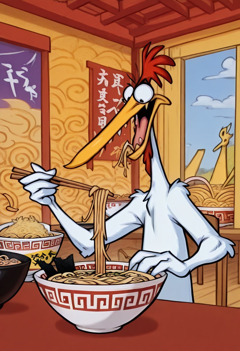 Masterpiece, best quality, highly detailed, absurdres, 1boy, solo, cartoon, ch1ken, chicken, long beak, bowl of ramen, chopsticks, eating, noodles, ramenya background, detailed ramen detailed background, kftenhance,
