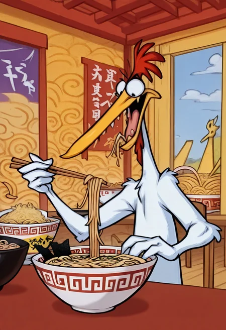 Masterpiece, best quality, highly detailed, absurdres, 1boy, solo, cartoon, ch1ken, chicken, long beak, bowl of ramen, chopsticks, eating, noodles, ramenya background, detailed ramen detailed background, kftenhance,