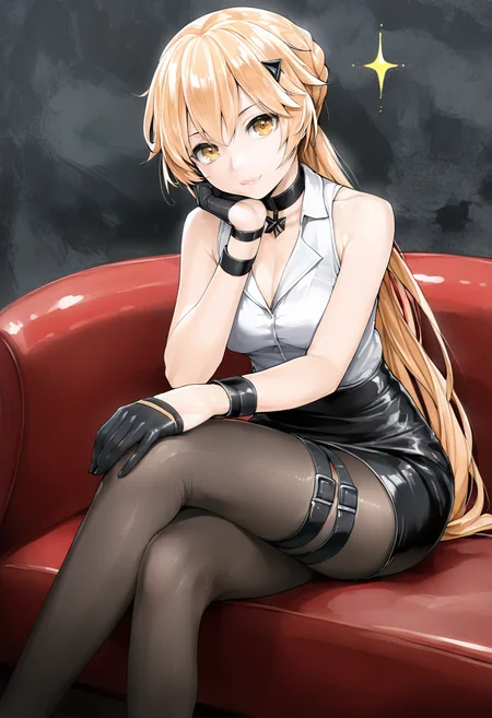 1girl,ots-14 \(girls' frontline\),girls' frontline,girls' frontline 2: exilium,armpit crease,black pantyhose,black skirt,black wristband,blonde hair,braid,breasts,closed mouth,couch,crossed legs,hair between eyes,hand on own chin,long hair,looking at viewer,medium breasts,on couch,pantyhose,pencil skirt,shirt,sidelocks,sitting,skirt,sleeveless,sleeveless shirt,smile,solo,very long hair,white shirt,yellow eyes,bare shoulders,wristband,black gloves,black choker,gloves,feet out of frame,collared shirt,miniskirt,side braid,clothing cutout,hand up,hair ornament,half gloves,single braid,cleavage cutout,knees together feet apart,leg belt,A young woman sitting on a red couch. she has long blonde hair that is styled in loose waves and is wearing a white tank top with black straps and buckles. she is also wearing black thigh-high stockings and black gloves. the woman is resting her chin on her hand and appears to be deep in thought. the background is dark and there are small yellow stars scattered around her. the overall mood of the image is mysterious and edgy. <lora:ishikeiXL_NBVP1_lokr_V6311PZ:0.95>