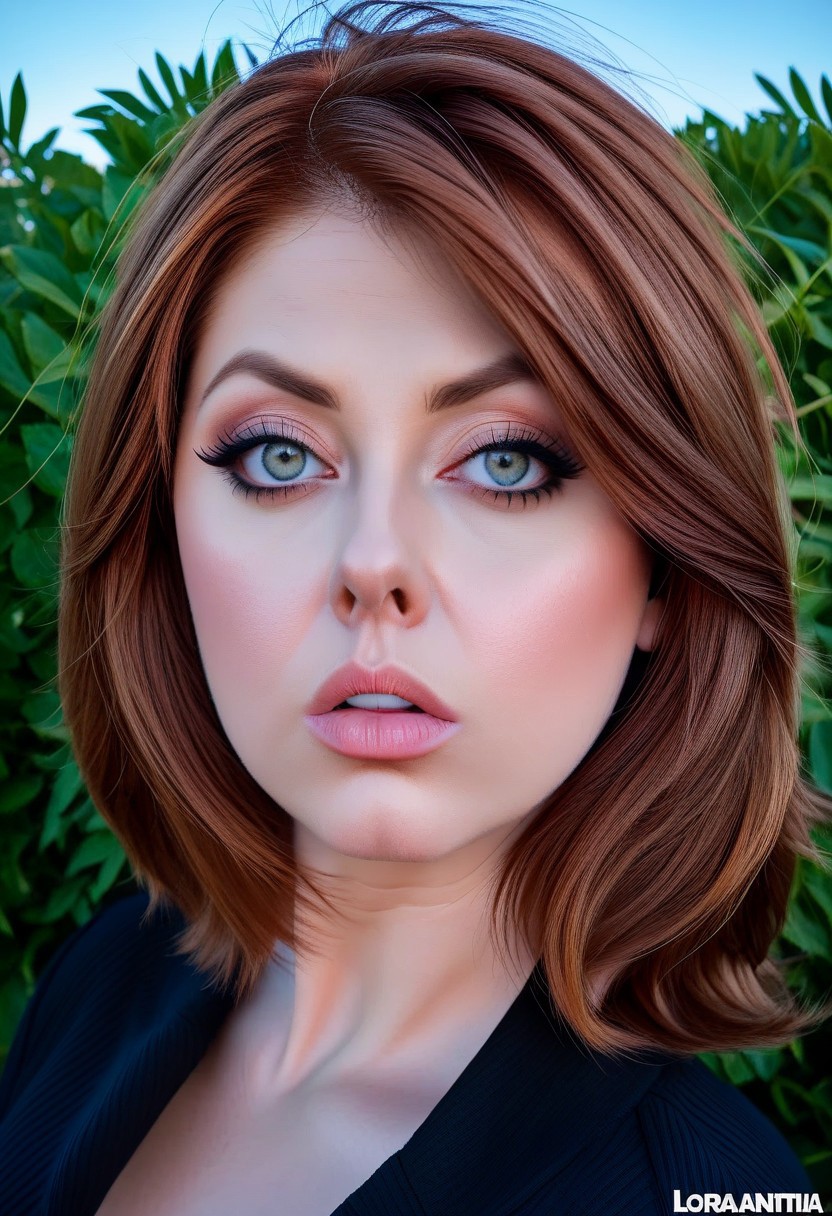 Voluptuous Attractive, 30 year old woman, straight auburn hair, slutty, pouting, big eyes, close-up 
Outside
<lora:Nitai:1.0>