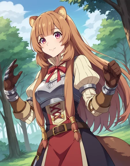 score_9, score_8_up, score_7_up, source_anime,
raphtalia, <lora:raphtalia-ponyxl-lora-nochekaiser:1>,
raphtalia, long hair, bangs, brown hair, animal ears, raccoon ears, raccoon tail, raccoon girl, pink eyes, smile,
long sleeves, sweater, ribbed sweater, puffy sleeves, breastplate, ribbon, red ribbon, gauntlets, glove, brown gloves, belt, skirt, armor,
outdoors, forest, nature,
looking at viewer, cowboy shot, dutch angle, dynamic pose,