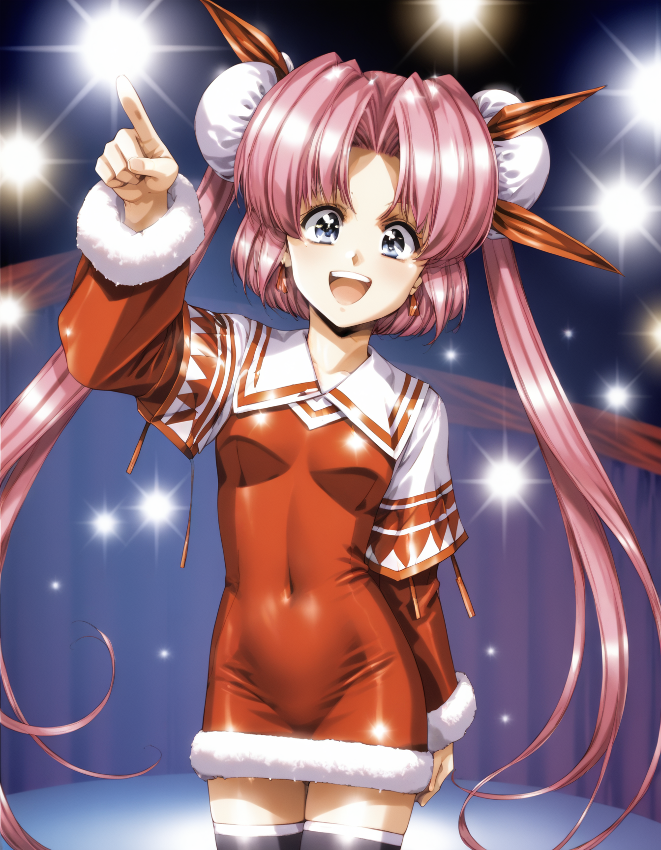score_9,  score_8_up, score_7_up
<lora:louise-fallsmyer-ponyxl:1> fallsmyer, long hair, twintails, hair ribbon, double bun, bun cover, short dress, (red dress:0.6), (fur trim:0.6), zettai ryouiki,
1girl, solo, stage, stage lights, pointing up, arm up, happy, excited
