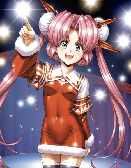 score_9, score_8_up, score_7_up
<lora:louise-fallsmyer-ponyxl:1> fallsmyer, long hair, twintails, hair ribbon, double bun, bun cover, short dress, (red dress:0.6), (fur trim:0.6), zettai ryouiki,
1girl, solo, stage, stage lights, pointing up, arm up, happy, excited