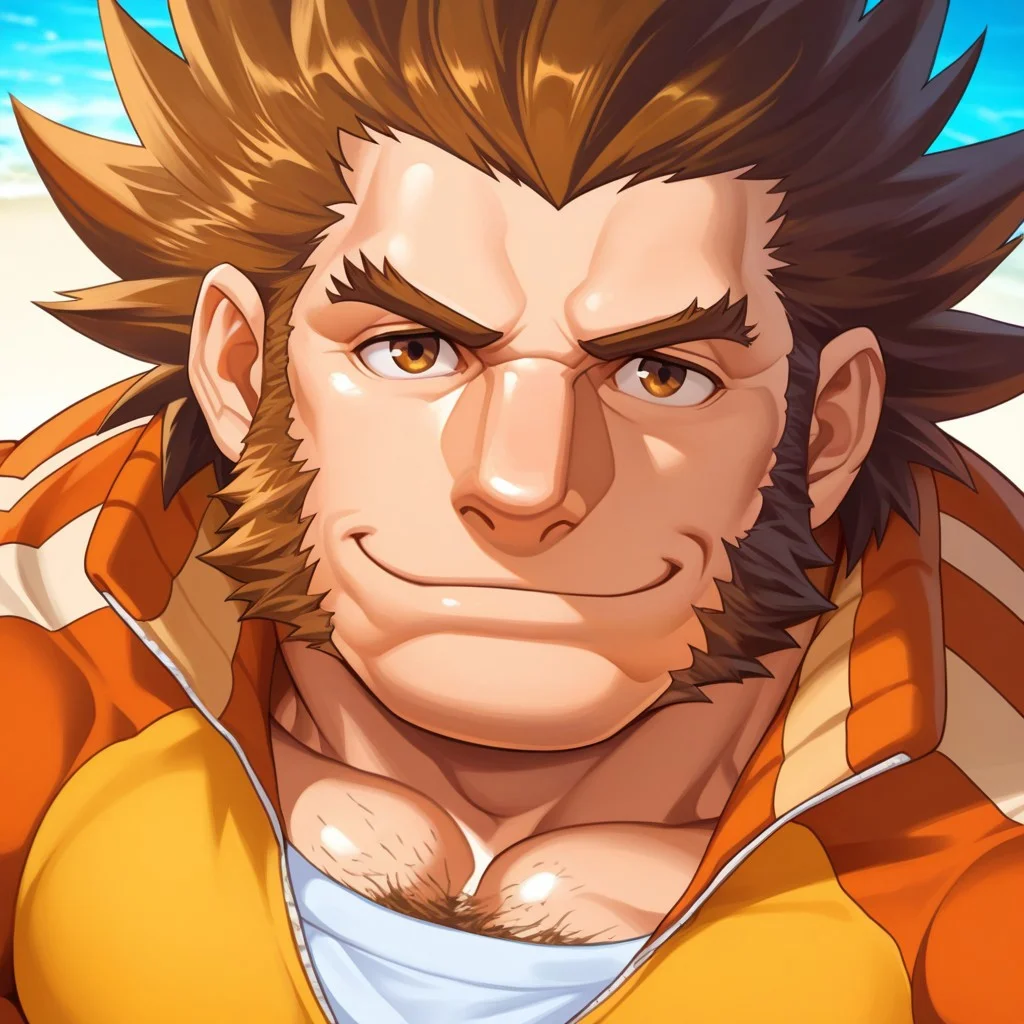 source_anime, detailed background, (score_9, score_8_up, score_7_up), zoroj, masterpiece, best quality, high quality, ultra detailed, highly detailed, high detail, artistic lighting, (highly detailed face, (perfect face, perfect eyes)), depth of field, perfect soft lighting, best shadows, perfect reflections, volumetric, detailed image, high resolution, defined faces, sharp definition,
((solo, 1boy)), male focus, Will Powers, brown eyes, brown hair, spiked hair, long sideburns, very hairy body, track suit, musclebears, muscular male, bara, hyper muscles, veiny muscles,
beach, (face shot), looking at viewer, smile,