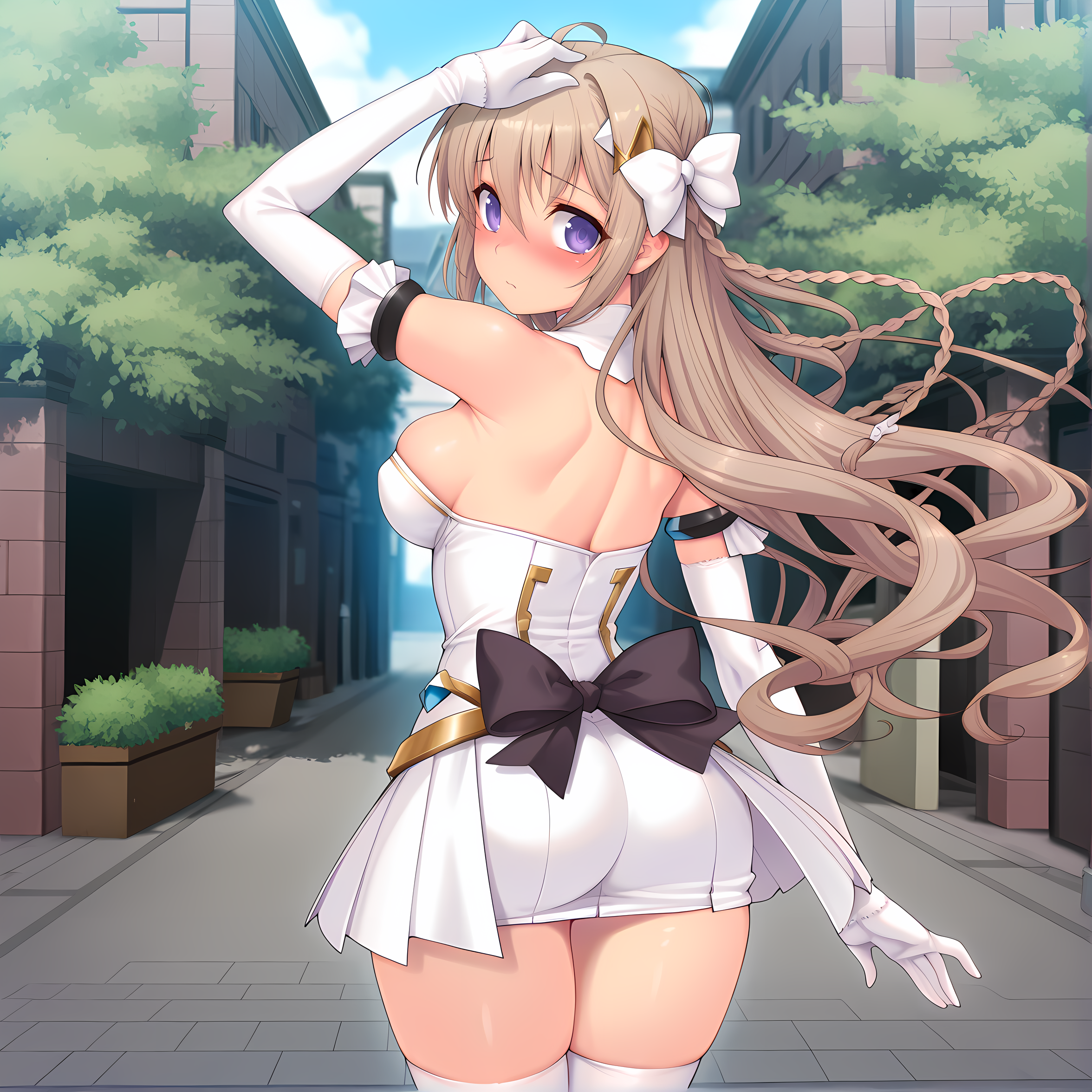 <lora:Tierna:0.9>,tierna,solo,long hair,breasts,purple eyes,large breasts,blush,brown hair,braid,hair bow,base outfit,gloves,thighhighs,blush,aroused,outdoors,from behind,arm up,, masterpiece,best quality,amazing quality, very aesthetic, absurdres,detailed eyes,ultra-detailed,