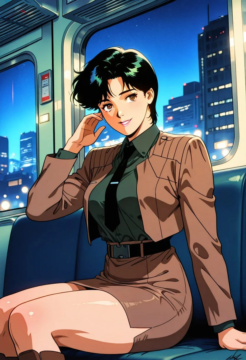 KyokoJounouchiCCO808, 1girl, solo, black hair, short hair, bangs, brown eyes, nose, pink lips, uniform, collar, dark green shirt, black necktie, large breast, brown jacket, belt, collared shirt, brown pencil skirt, thick hips, brown boots, long sleeves,
,seductive pose, sexy pose, tease, 
masterpiece, best quality, ultra-detailed, very aesthetic, detailed background, very aesthetic, newest, scenery, highres, 4k, absurdres, 8k, colorful,vibrant, glowing, perfect face, 2d, perfect eyes, detailed eyes, 
 masterpiece, best quality, ultra-detailed, very aesthetic, newest, scenery, absurdres, perfect anatomy, , perfect face, perfect eyes, mature body, clear eyes, beautiful eyes, athletic, curvy body, athletic girl, perky tits, perfect tits, round breasts, pinup pose, teasing, lustful expression,
muscular female, dutch angle,
naughty smile, train interior, sitting, upper body, indoors, couch, out of frame, legs, front view, window, night background, vivid, night building bokeh, bokeh, scenery,  hand at side, multiple people, light particle background, bokeh background:1.2, photo background, returns home after work, tired,,
,detailed eyes,Smooth Negative, highres, absurdres,   uncensored,retro_artstyle, retro, cyberpunk