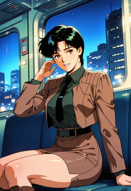 KyokoJounouchiCCO808, 1girl, solo, black hair, short hair, bangs, brown eyes, nose, pink lips, uniform, collar, dark green shirt, black necktie, large breast, brown jacket, belt, collared shirt, brown pencil skirt, thick hips, brown boots, long sleeves,
,seductive pose, sexy pose, tease,
masterpiece, best quality, ultra-detailed, very aesthetic, detailed background, very aesthetic, newest, scenery, highres, 4k, absurdres, 8k, colorful,vibrant, glowing, perfect face, 2d, perfect eyes, detailed eyes,
masterpiece, best quality, ultra-detailed, very aesthetic, newest, scenery, absurdres, perfect anatomy, , perfect face, perfect eyes, mature body, clear eyes, beautiful eyes, athletic, curvy body, athletic girl, perky tits, perfect tits, round breasts, pinup pose, teasing, lustful expression,
muscular female, dutch angle,
naughty smile, train interior, sitting, upper body, indoors, couch, out of frame, legs, front view, window, night background, vivid, night building bokeh, bokeh, scenery, hand at side, multiple people, light particle background, bokeh background:1.2, photo background, returns home after work, tired,,
,detailed eyes,Smooth Negative, highres, absurdres, uncensored,retro_artstyle, retro, cyberpunk