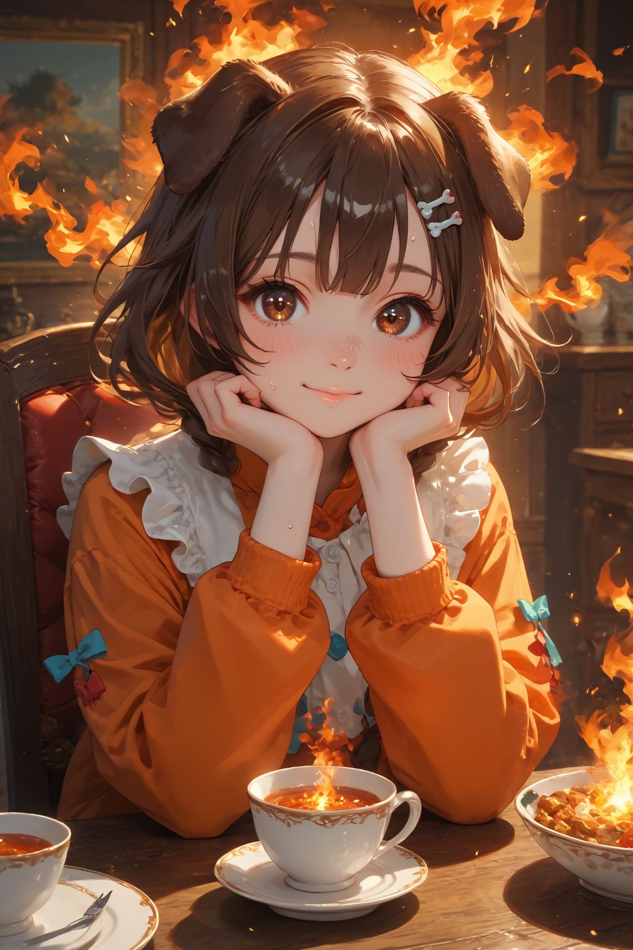 looking at viewer,detailed background,Cinematic Lighting,film grain,score_9,score_8_up,score_7_up,masterpiece,best quality,highly detailed,
<lora:(增强)sdxl_lightning_8step_lora:1>,<lora:glowneon_xl_v1:1>,glowing,<lora:Expressive_H:0.8>,Expressiveh,<lora:th3rm4lXLP:0.4>,th3rm4l,colorful,
1girl,animal ears,brown hair,smile,cup,virtual youtuber,solo,dog ears,brown eyes,(fire:1.2),inugami korone,holding,bangs,sitting,long sleeves,teacup,blush,food,chair,table,sweat,indoors,closed mouth,dog girl,chibi,looking at viewer,(burning:1.2),