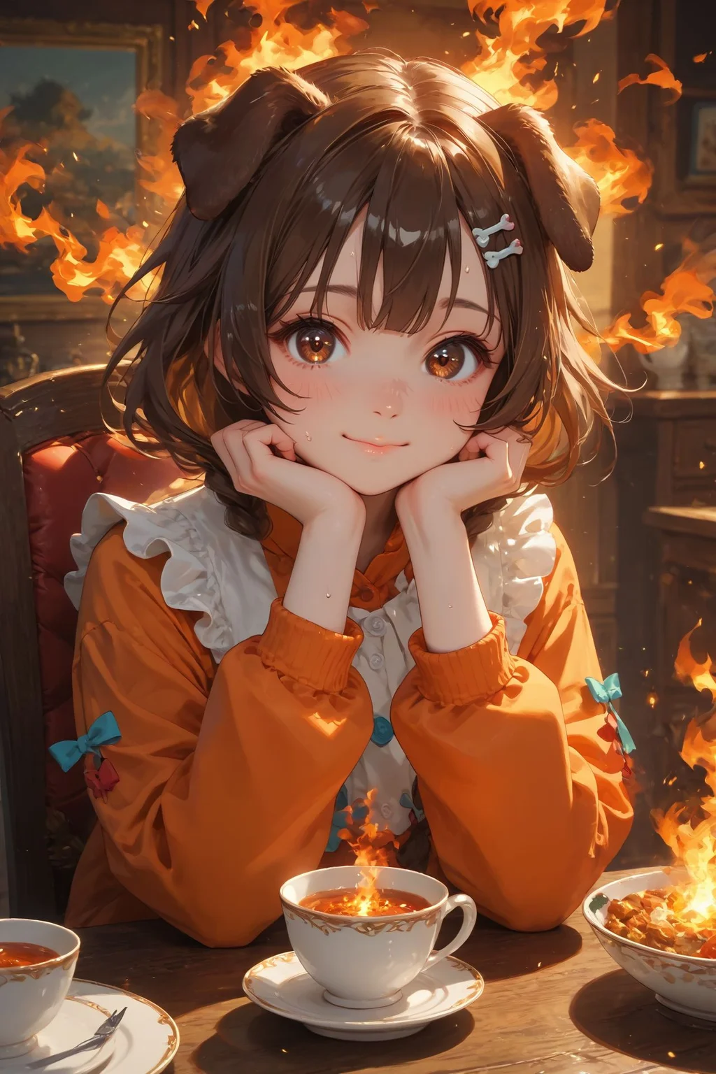 looking at viewer,detailed background,Cinematic Lighting,film grain,score_9,score_8_up,score_7_up,masterpiece,best quality,highly detailed,
<lora:(增强)sdxl_lightning_8step_lora:1>,<lora:glowneon_xl_v1:1>,glowing,<lora:Expressive_H:0.8>,Expressiveh,<lora:th3rm4lXLP:0.4>,th3rm4l,colorful,
1girl,animal ears,brown hair,smile,cup,virtual youtuber,solo,dog ears,brown eyes,(fire:1.2),inugami korone,holding,bangs,sitting,long sleeves,teacup,blush,food,chair,table,sweat,indoors,closed mouth,dog girl,chibi,looking at viewer,(burning:1.2),