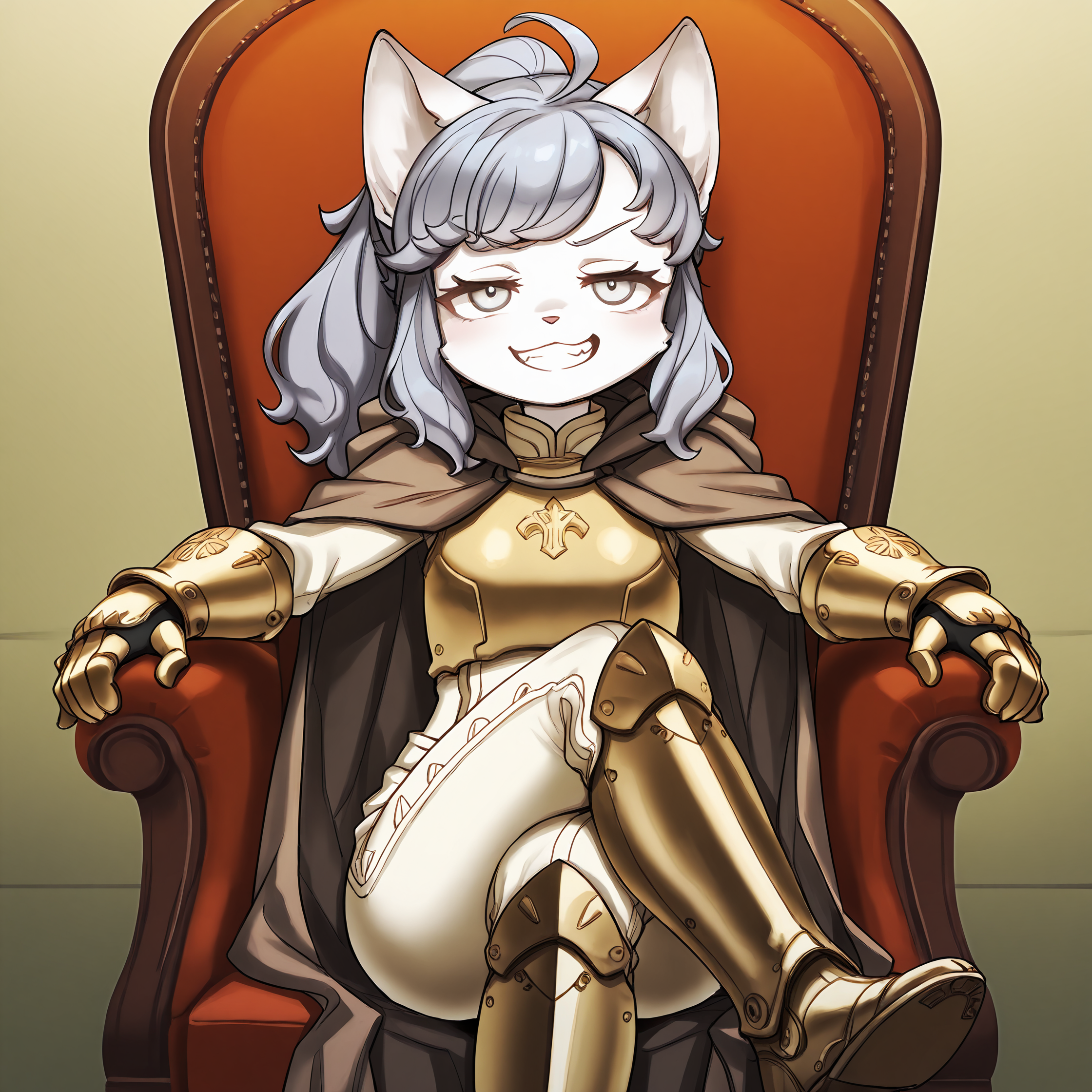 BREAK, <lora:Sheena_Falafel:1>, Sheena Falafel, Fuga: Melodies of Steel, kemono, furry female, young female, 1girl, cat girl, white fur, grey eyes, pastel blue hair, long hair, ahoge, bangs, sidelocks, animal ears, cat ears, animal nose, pink nose, Fuga 2 appearance, ponytail,
BREAK, Fuga 3 Outfit, metal boots, white pants, white top, gauntlets, brown cape,
BREAK, solo, inside, looking at viewer, sitting in chair, legs crossed, smug, grin, steepling