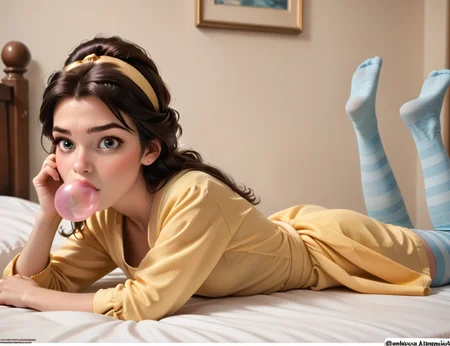 princess Belle, <lora:princess_pony_v1:0.5> 1girl, striped thighhighs, on bed, on on stomach, <lora:AA_Ads_Only:1> 445l34z3, 445l34z3ADVERT, (Bubblelicious.:1.1) chewing gum,, score_9, score_8_up, score_7_up, score_6, score_5, score_4,